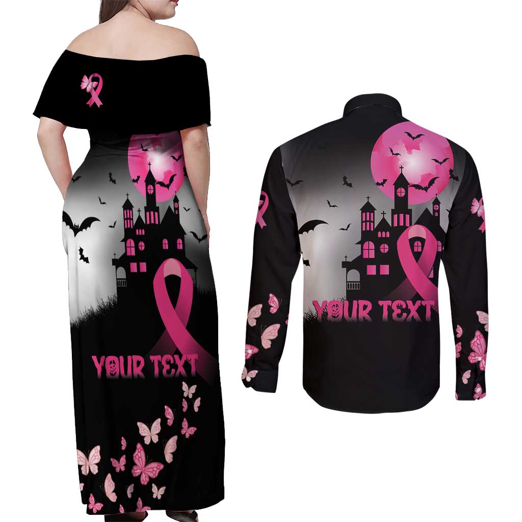 Personalized At Halloween We Think Pink Couples Matching Off Shoulder Maxi Dress and Long Sleeve Button Shirt Pink Ribbon Butterflies - Wonder Print Shop
