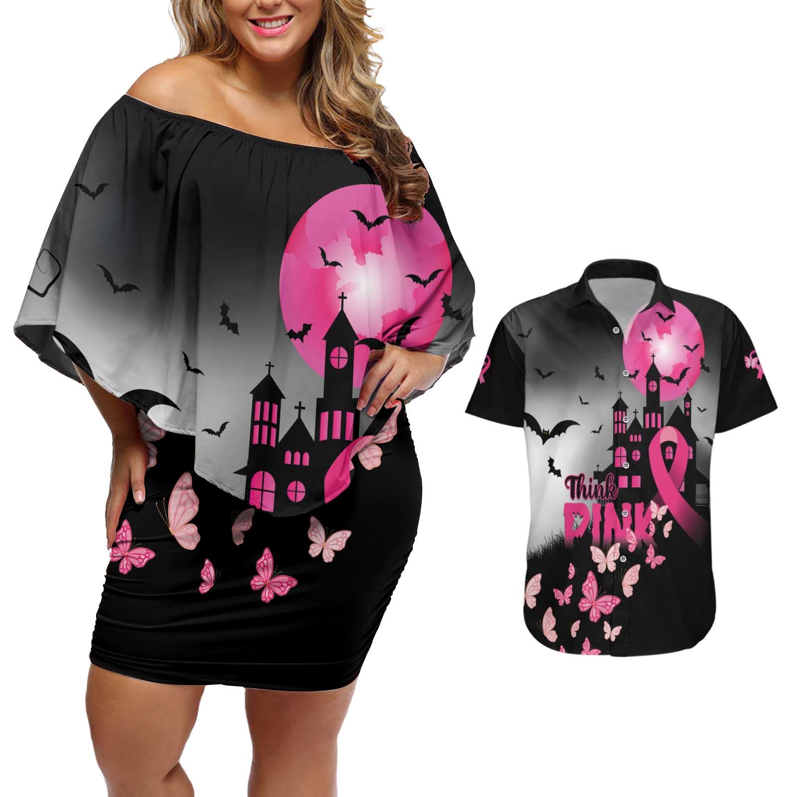 Personalized At Halloween We Think Pink Couples Matching Off Shoulder Short Dress and Hawaiian Shirt Pink Ribbon Butterflies - Wonder Print Shop