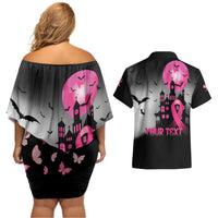 Personalized At Halloween We Think Pink Couples Matching Off Shoulder Short Dress and Hawaiian Shirt Pink Ribbon Butterflies - Wonder Print Shop
