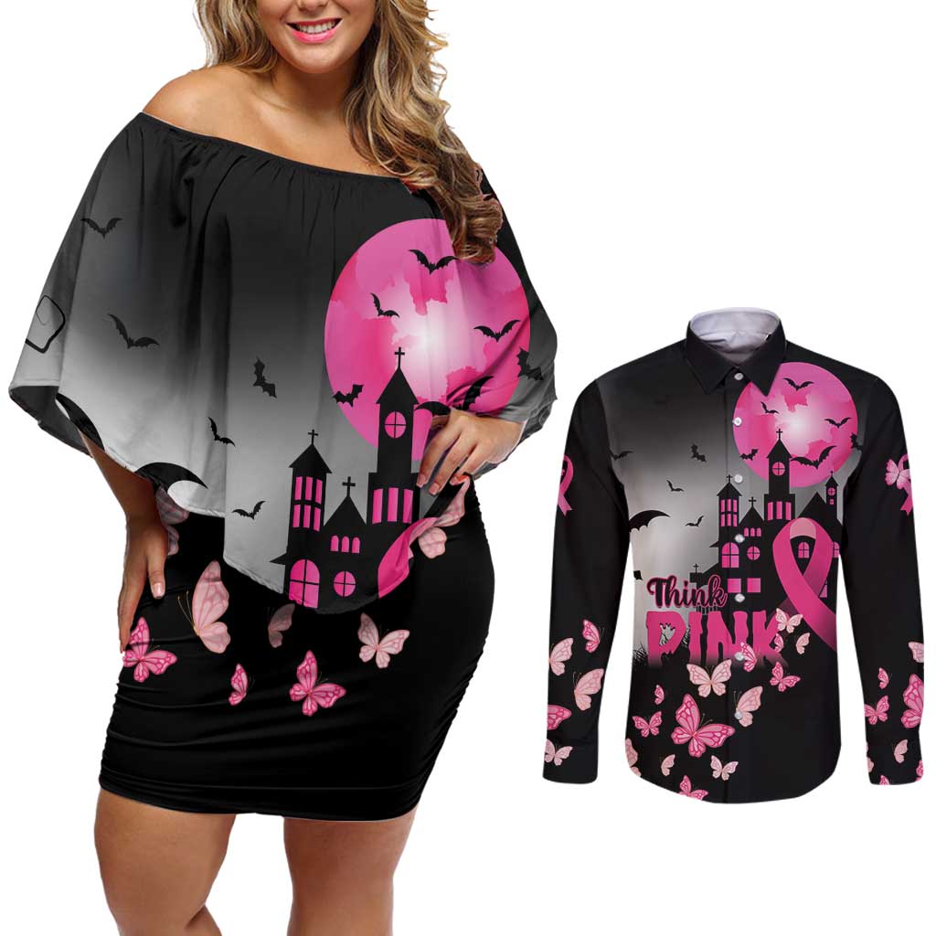 Personalized At Halloween We Think Pink Couples Matching Off Shoulder Short Dress and Long Sleeve Button Shirt Pink Ribbon Butterflies - Wonder Print Shop