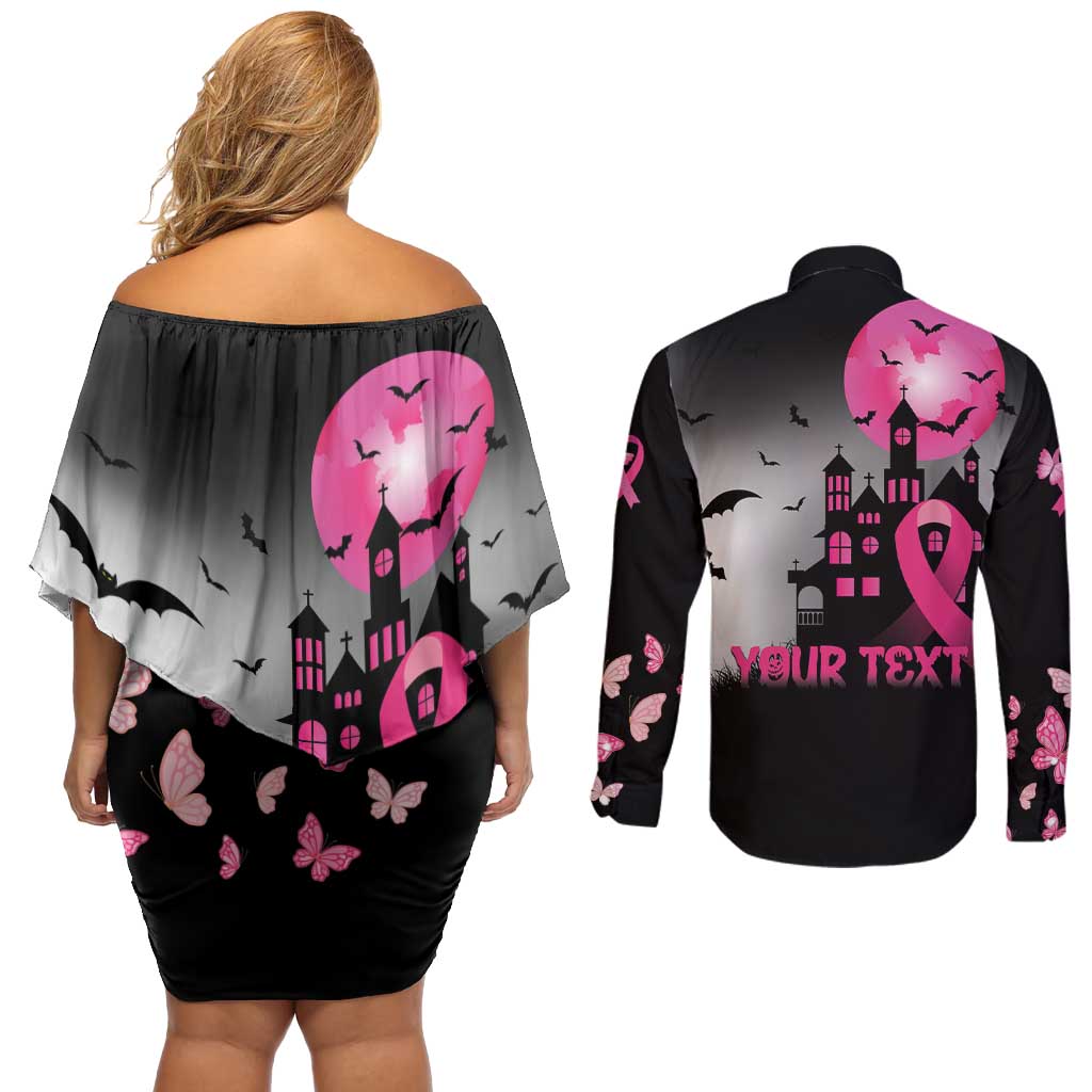Personalized At Halloween We Think Pink Couples Matching Off Shoulder Short Dress and Long Sleeve Button Shirt Pink Ribbon Butterflies - Wonder Print Shop