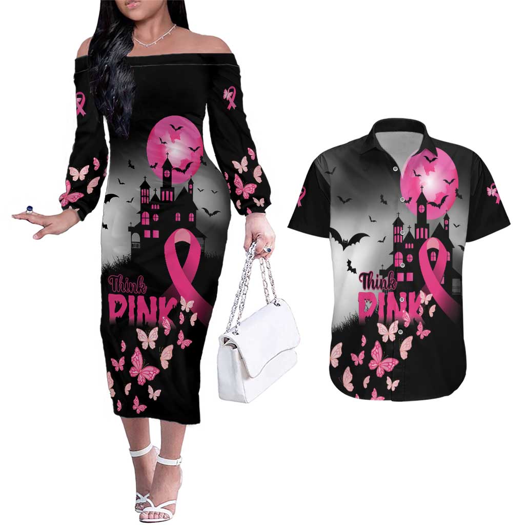 Personalized At Halloween We Think Pink Couples Matching Off The Shoulder Long Sleeve Dress and Hawaiian Shirt Pink Ribbon Butterflies - Wonder Print Shop
