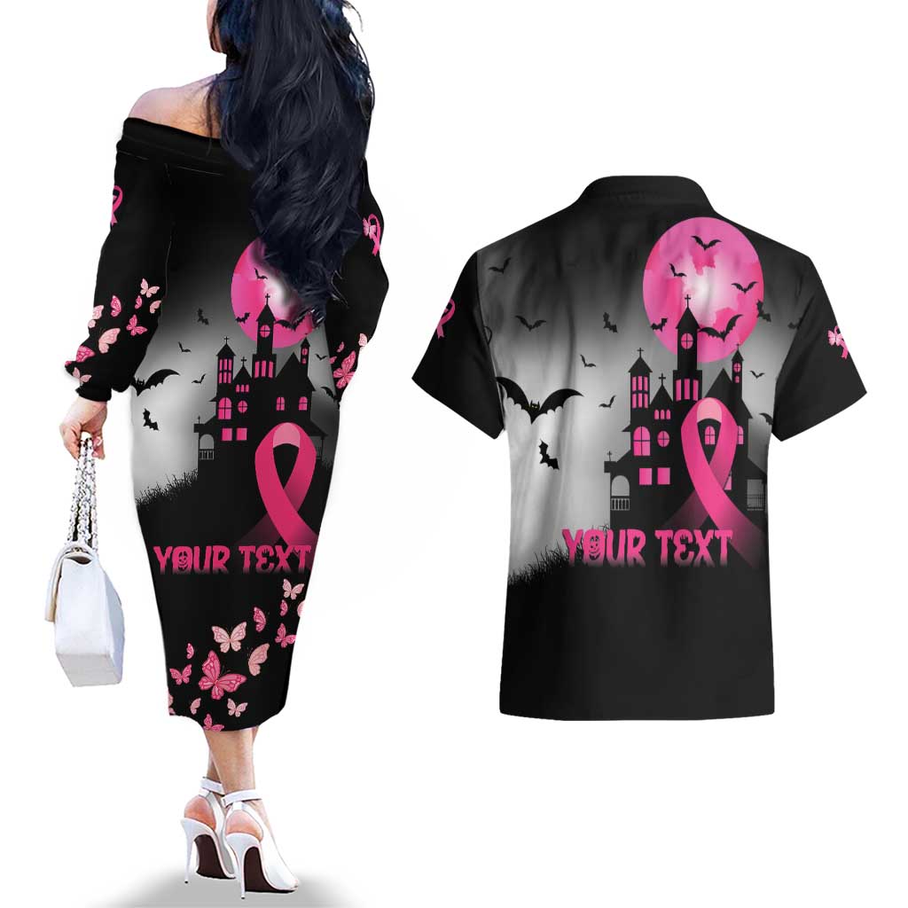 Personalized At Halloween We Think Pink Couples Matching Off The Shoulder Long Sleeve Dress and Hawaiian Shirt Pink Ribbon Butterflies - Wonder Print Shop