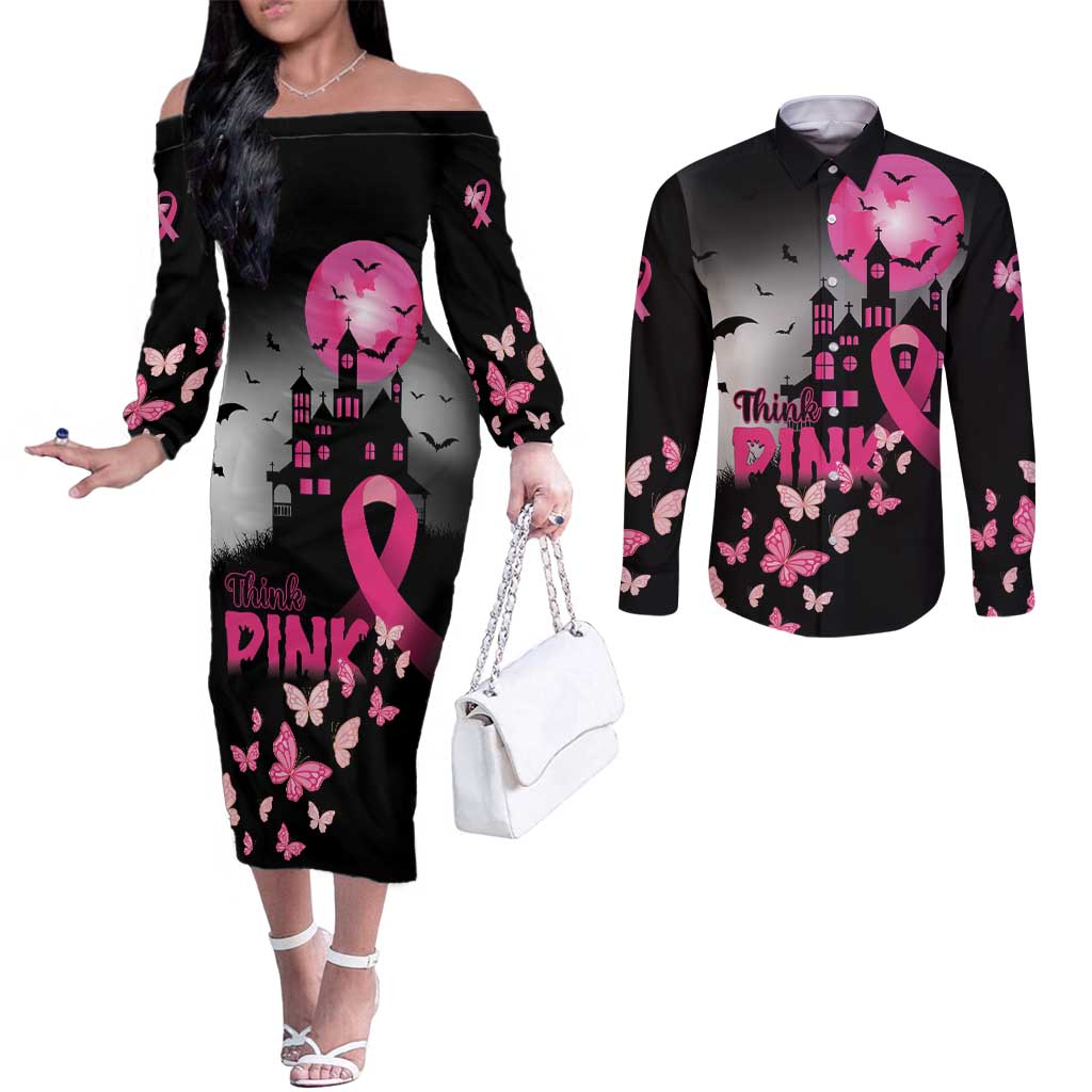 Personalized At Halloween We Think Pink Couples Matching Off The Shoulder Long Sleeve Dress and Long Sleeve Button Shirt Pink Ribbon Butterflies