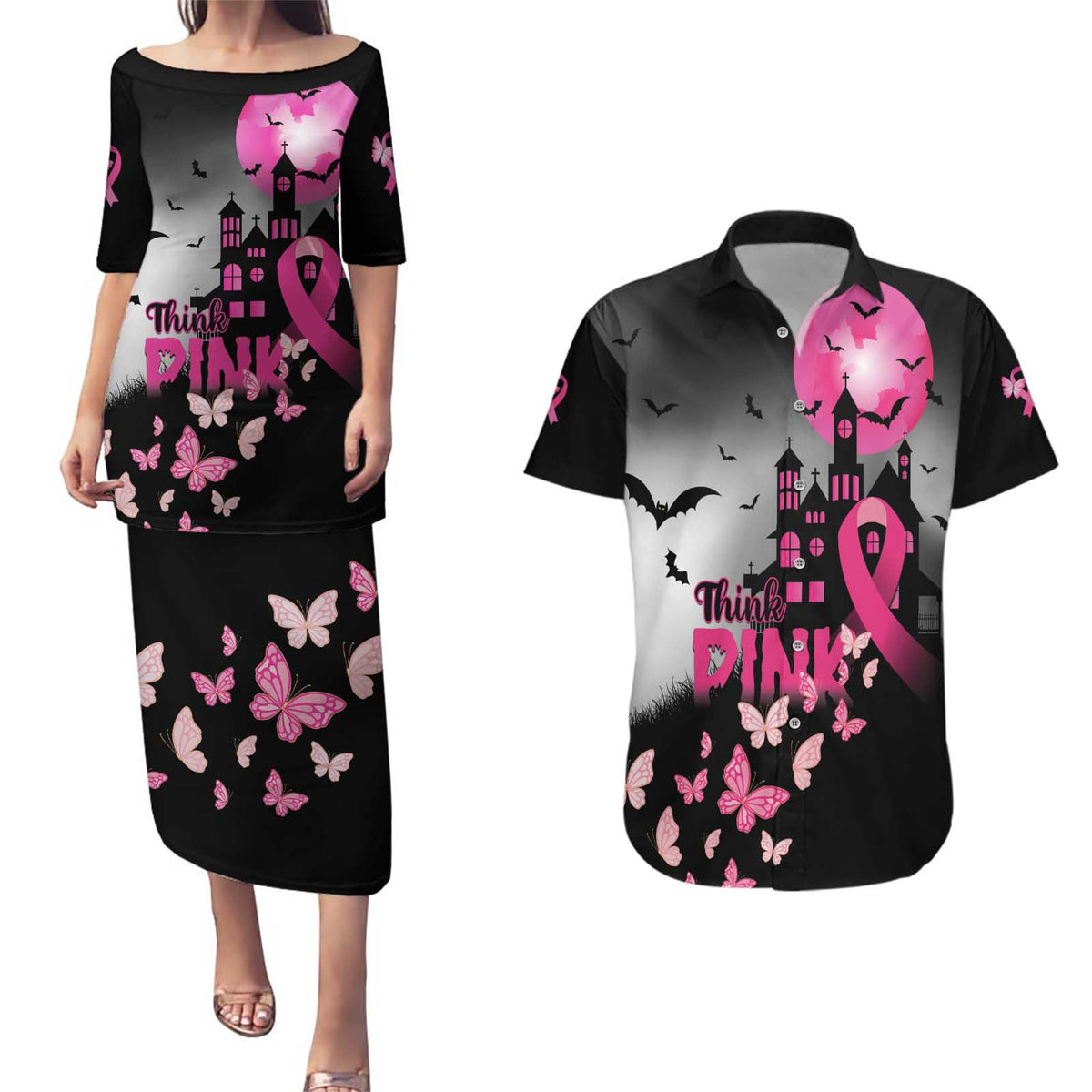 Personalized At Halloween We Think Pink Couples Matching Puletasi and Hawaiian Shirt Pink Ribbon Butterflies - Wonder Print Shop