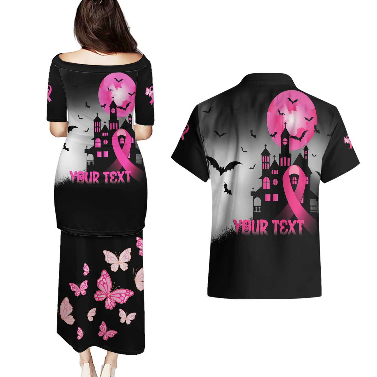 Personalized At Halloween We Think Pink Couples Matching Puletasi and Hawaiian Shirt Pink Ribbon Butterflies - Wonder Print Shop
