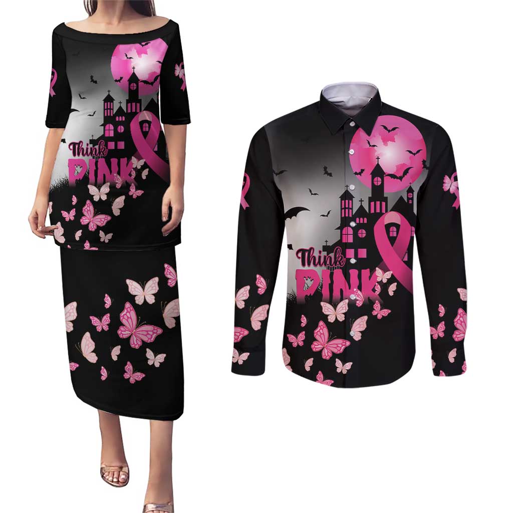 Personalized At Halloween We Think Pink Couples Matching Puletasi and Long Sleeve Button Shirt Pink Ribbon Butterflies - Wonder Print Shop