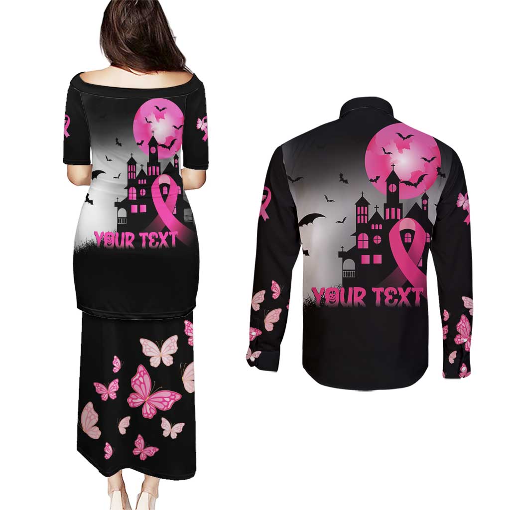 Personalized At Halloween We Think Pink Couples Matching Puletasi and Long Sleeve Button Shirt Pink Ribbon Butterflies - Wonder Print Shop