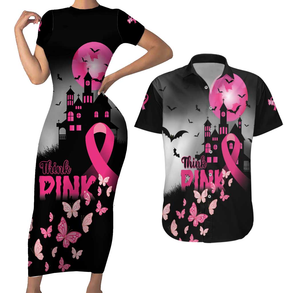 Personalized At Halloween We Think Pink Couples Matching Short Sleeve Bodycon Dress and Hawaiian Shirt Pink Ribbon Butterflies - Wonder Print Shop