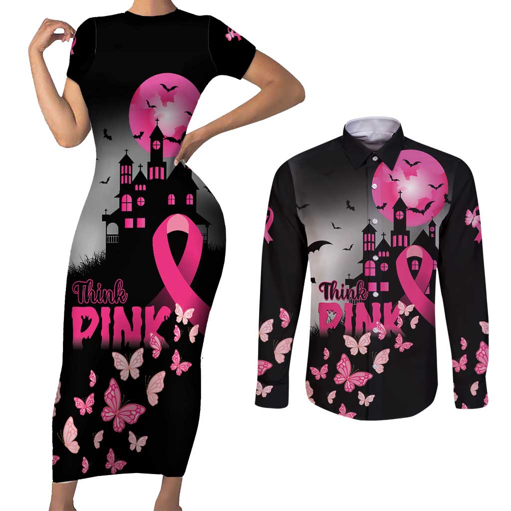 Personalized At Halloween We Think Pink Couples Matching Short Sleeve Bodycon Dress and Long Sleeve Button Shirt Pink Ribbon Butterflies - Wonder Print Shop