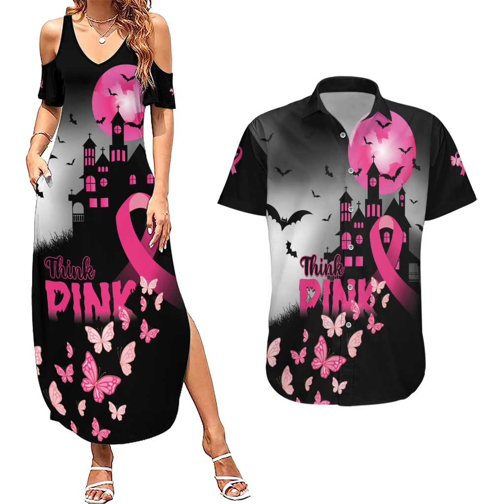 Personalized At Halloween We Think Pink Couples Matching Summer Maxi Dress and Hawaiian Shirt Pink Ribbon Butterflies - Wonder Print Shop
