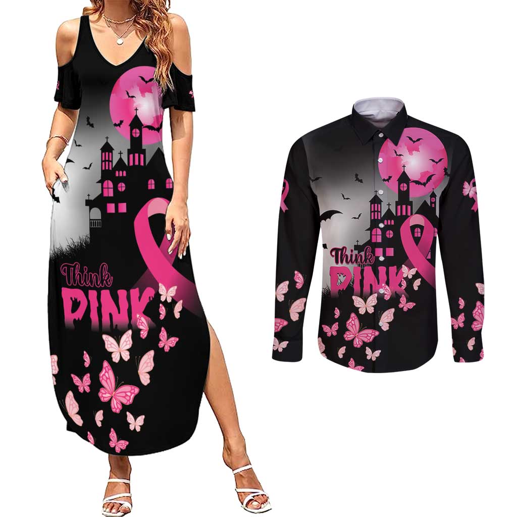 Personalized At Halloween We Think Pink Couples Matching Summer Maxi Dress and Long Sleeve Button Shirt Pink Ribbon Butterflies - Wonder Print Shop