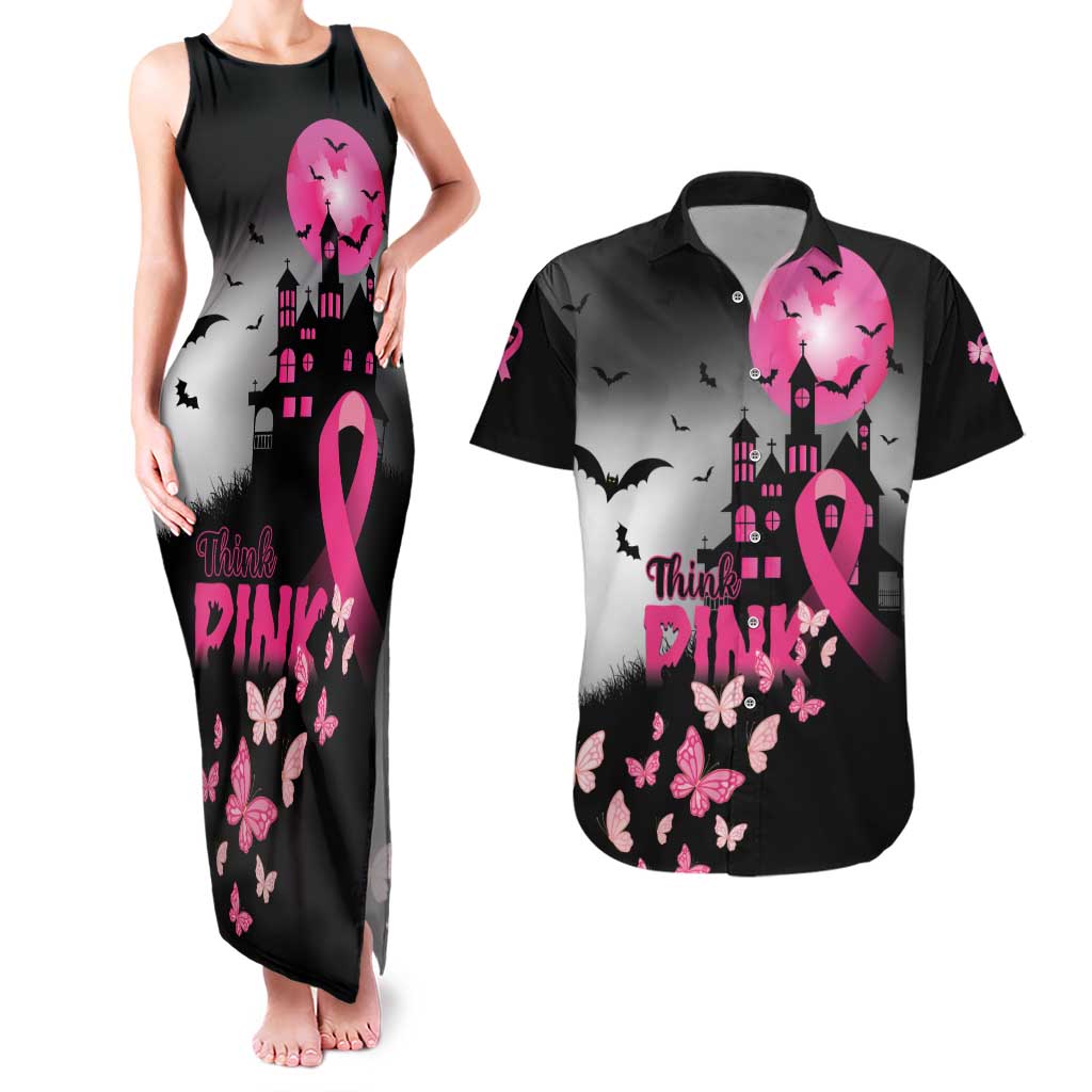 Personalized At Halloween We Think Pink Couples Matching Tank Maxi Dress and Hawaiian Shirt Pink Ribbon Butterflies - Wonder Print Shop