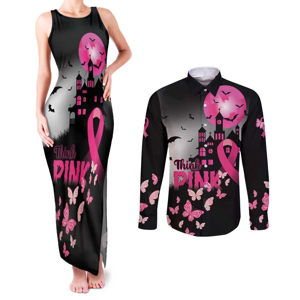 Personalized At Halloween We Think Pink Couples Matching Tank Maxi Dress and Long Sleeve Button Shirt Pink Ribbon Butterflies - Wonder Print Shop