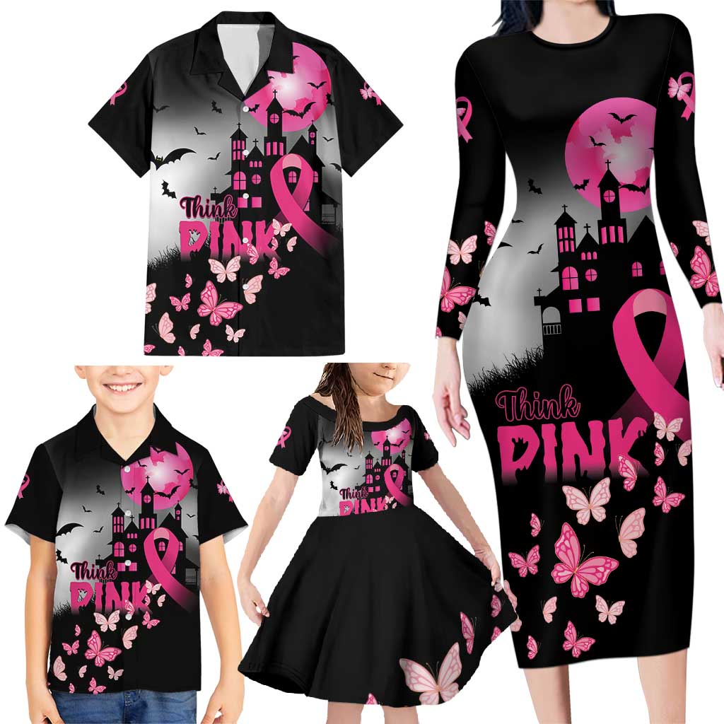 Personalized At Halloween We Think Pink Family Matching Long Sleeve Bodycon Dress and Hawaiian Shirt Pink Ribbon Butterflies - Wonder Print Shop