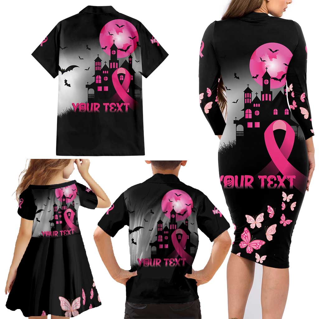 Personalized At Halloween We Think Pink Family Matching Long Sleeve Bodycon Dress and Hawaiian Shirt Pink Ribbon Butterflies - Wonder Print Shop