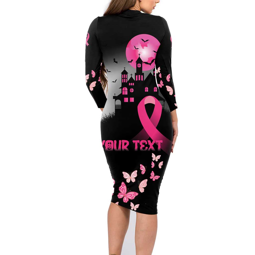 Personalized At Halloween We Think Pink Family Matching Long Sleeve Bodycon Dress and Hawaiian Shirt Pink Ribbon Butterflies - Wonder Print Shop