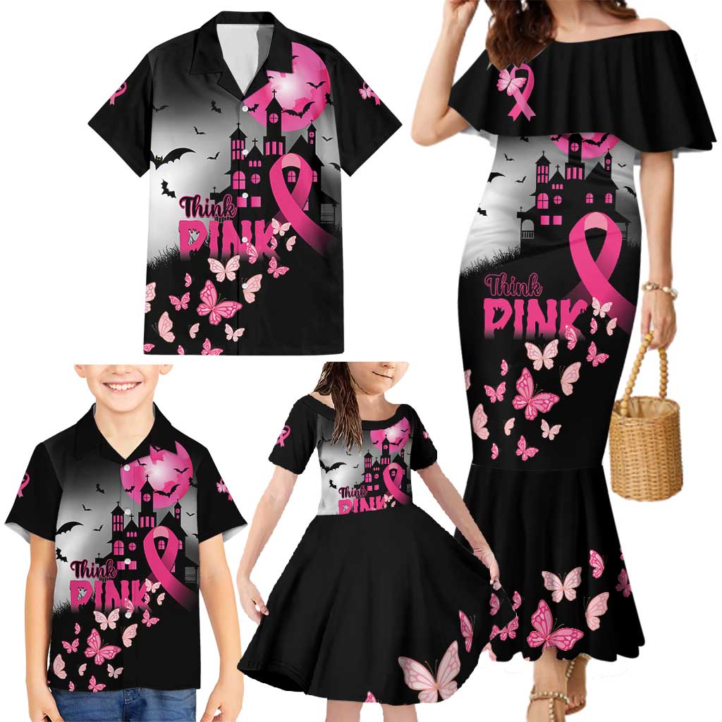 Personalized At Halloween We Think Pink Family Matching Mermaid Dress and Hawaiian Shirt Pink Ribbon Butterflies - Wonder Print Shop