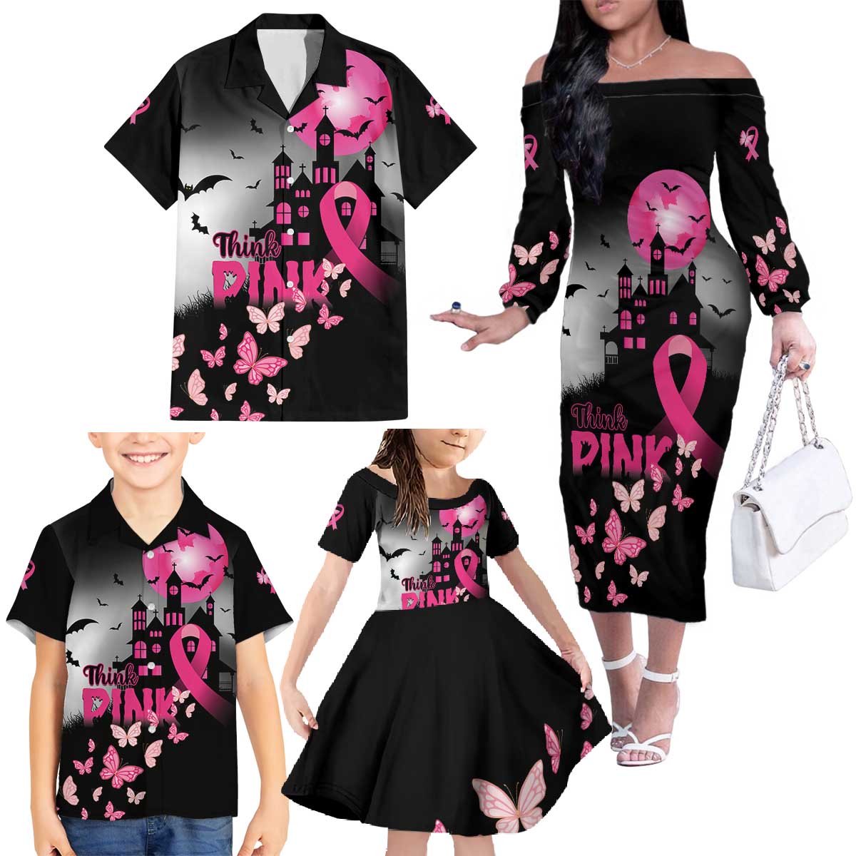 Personalized At Halloween We Think Pink Family Matching Off The Shoulder Long Sleeve Dress and Hawaiian Shirt Pink Ribbon Butterflies - Wonder Print Shop