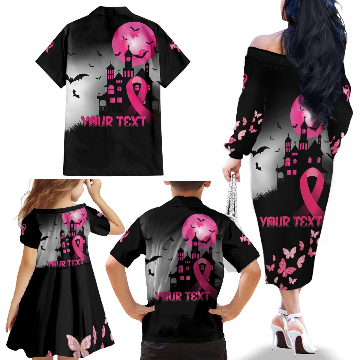 Personalized At Halloween We Think Pink Family Matching Off The Shoulder Long Sleeve Dress and Hawaiian Shirt Pink Ribbon Butterflies - Wonder Print Shop