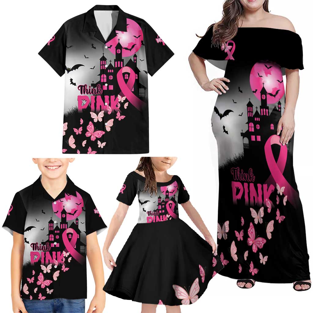 Personalized At Halloween We Think Pink Family Matching Off Shoulder Maxi Dress and Hawaiian Shirt Pink Ribbon Butterflies - Wonder Print Shop