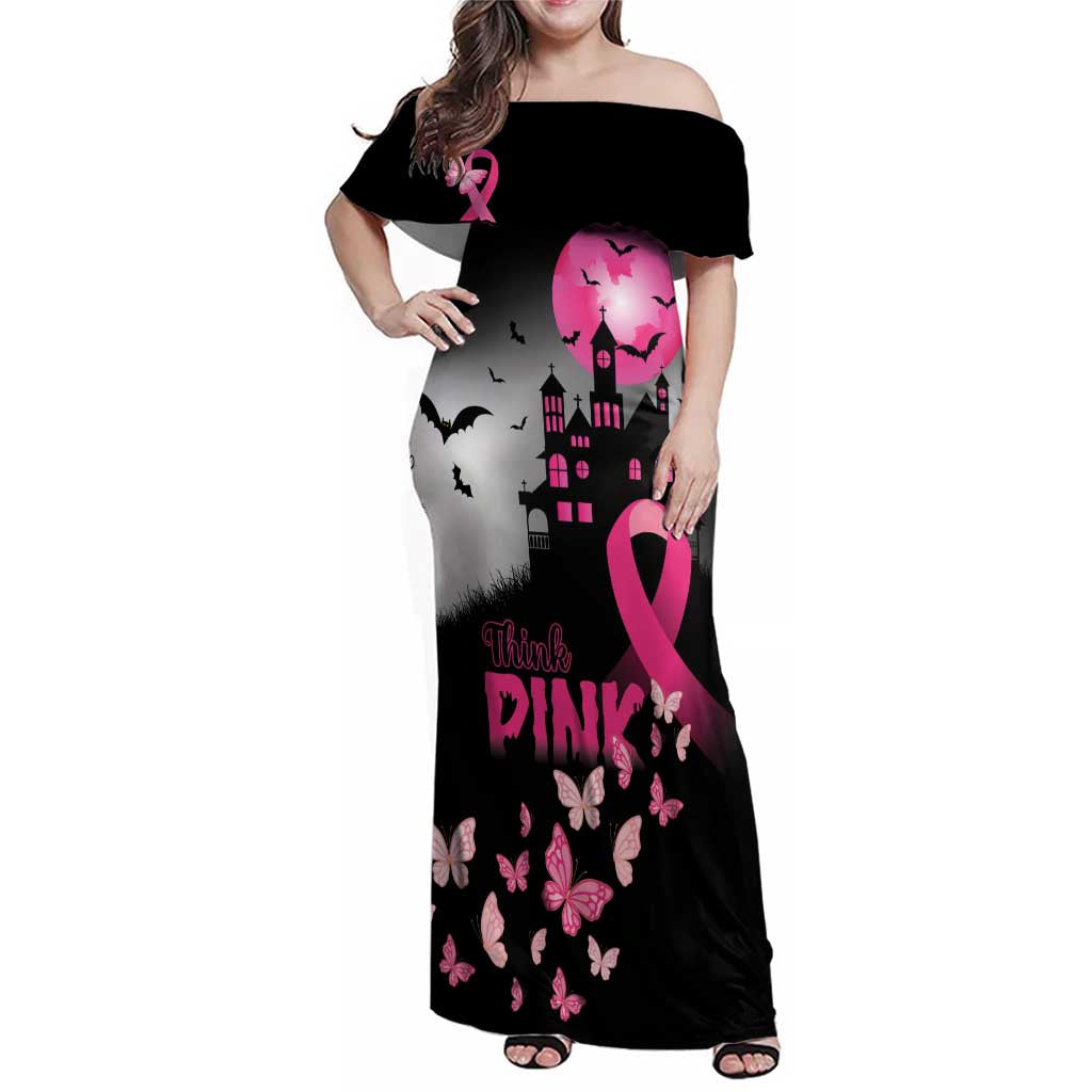 Personalized At Halloween We Think Pink Family Matching Off Shoulder Maxi Dress and Hawaiian Shirt Pink Ribbon Butterflies - Wonder Print Shop