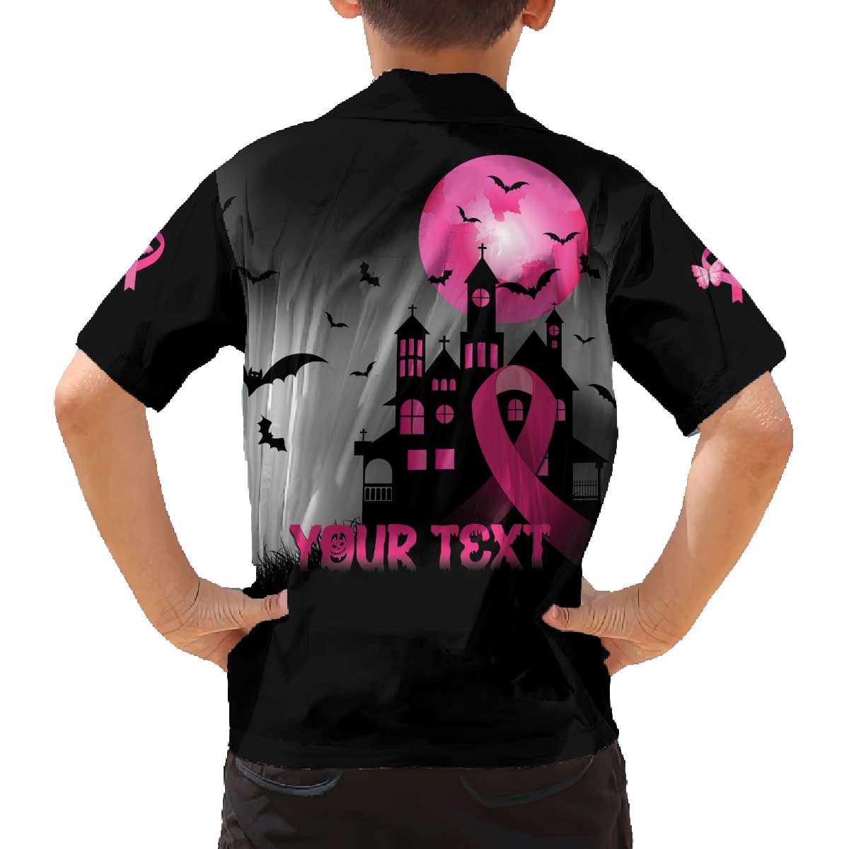 Personalized At Halloween We Think Pink Family Matching Off Shoulder Short Dress and Hawaiian Shirt Pink Ribbon Butterflies - Wonder Print Shop