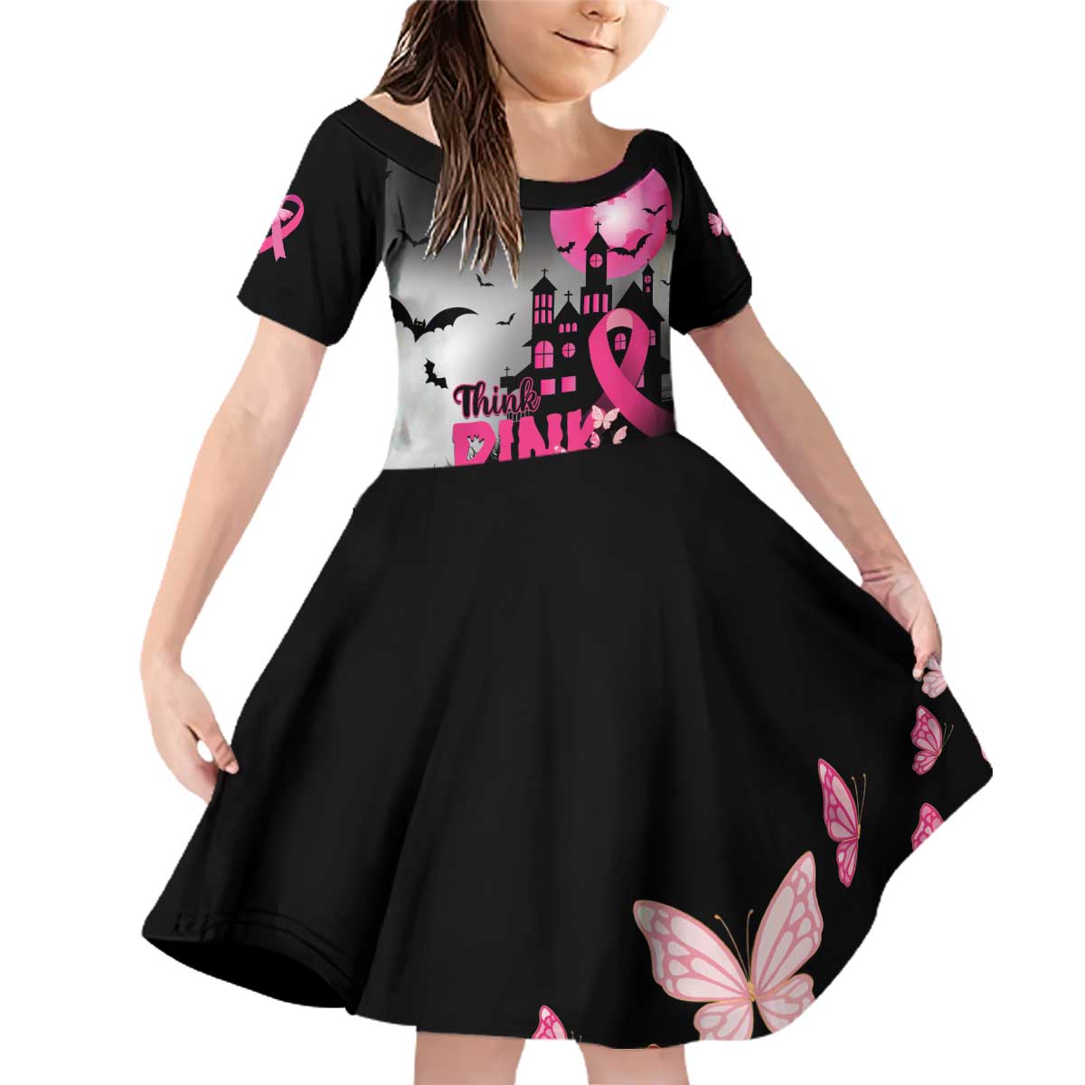 Personalized At Halloween We Think Pink Family Matching Off Shoulder Short Dress and Hawaiian Shirt Pink Ribbon Butterflies - Wonder Print Shop