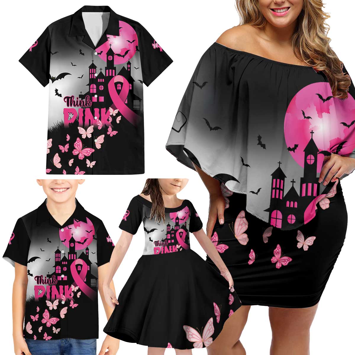 Personalized At Halloween We Think Pink Family Matching Off Shoulder Short Dress and Hawaiian Shirt Pink Ribbon Butterflies - Wonder Print Shop