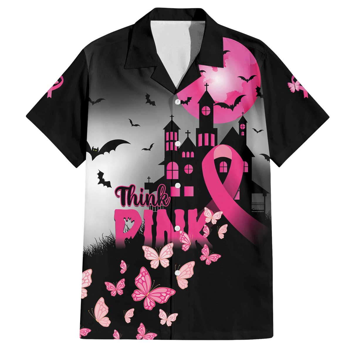 Personalized At Halloween We Think Pink Family Matching Off Shoulder Short Dress and Hawaiian Shirt Pink Ribbon Butterflies - Wonder Print Shop