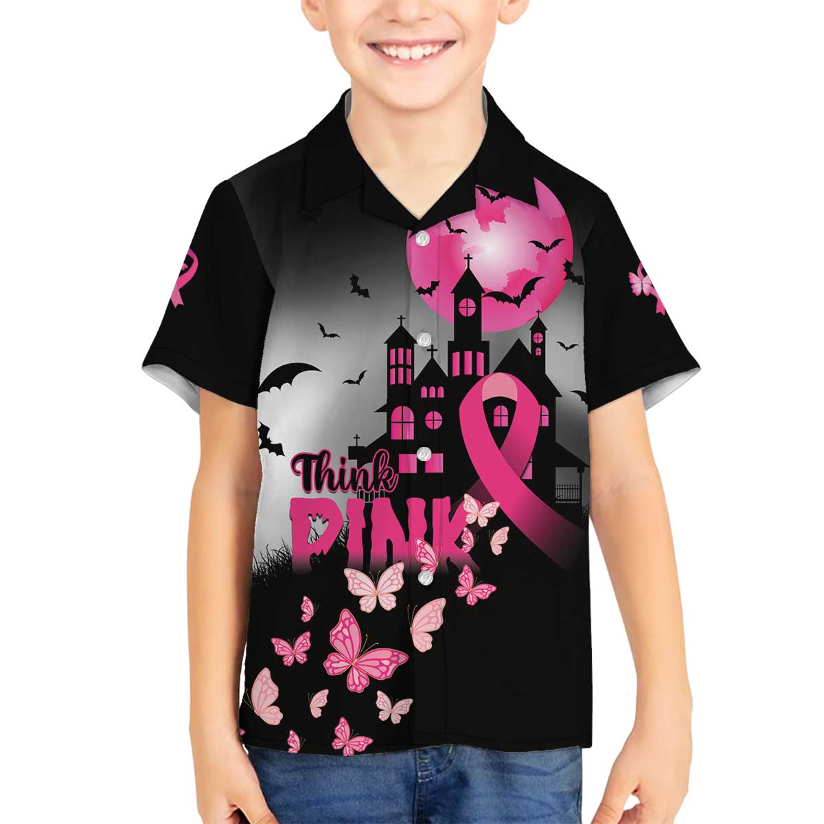 Personalized At Halloween We Think Pink Family Matching Off Shoulder Short Dress and Hawaiian Shirt Pink Ribbon Butterflies - Wonder Print Shop