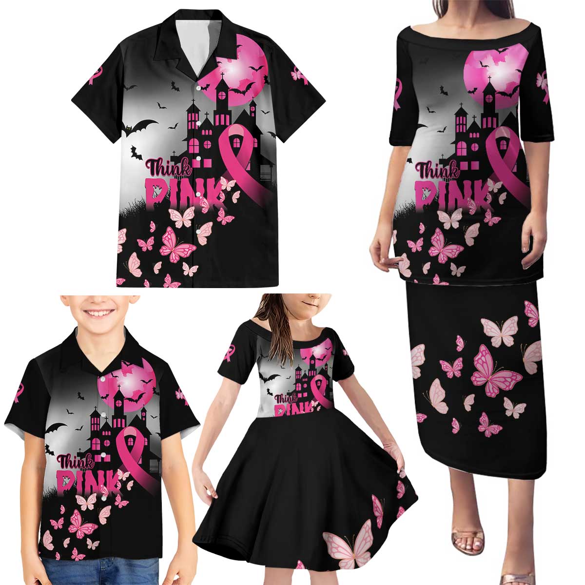 Personalized At Halloween We Think Pink Family Matching Puletasi and Hawaiian Shirt Pink Ribbon Butterflies - Wonder Print Shop