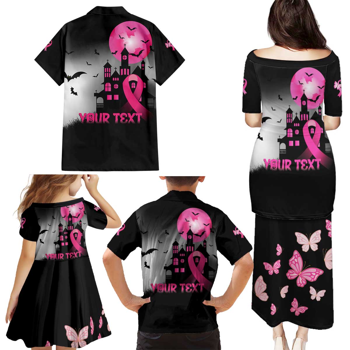 Personalized At Halloween We Think Pink Family Matching Puletasi and Hawaiian Shirt Pink Ribbon Butterflies - Wonder Print Shop
