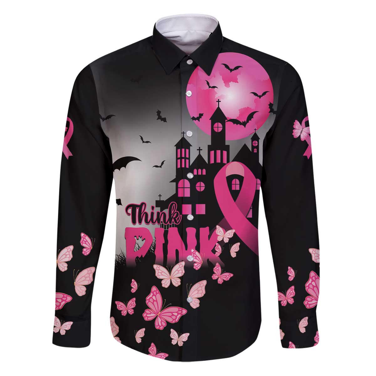 Personalized At Halloween We Think Pink Family Matching Puletasi and Hawaiian Shirt Pink Ribbon Butterflies - Wonder Print Shop