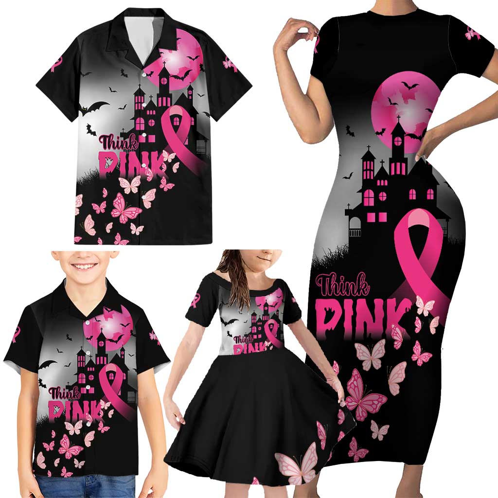 Personalized At Halloween We Think Pink Family Matching Short Sleeve Bodycon Dress and Hawaiian Shirt Pink Ribbon Butterflies - Wonder Print Shop
