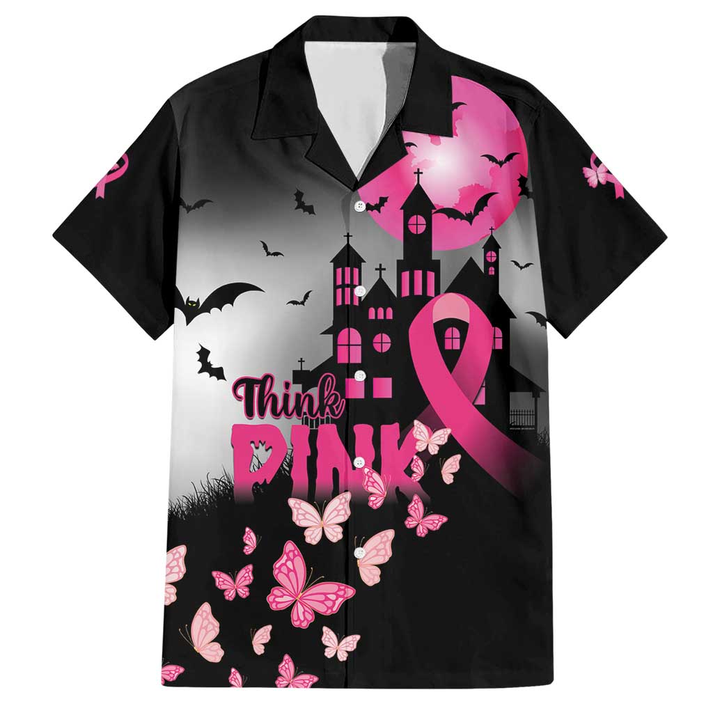 Personalized At Halloween We Think Pink Family Matching Short Sleeve Bodycon Dress and Hawaiian Shirt Pink Ribbon Butterflies - Wonder Print Shop