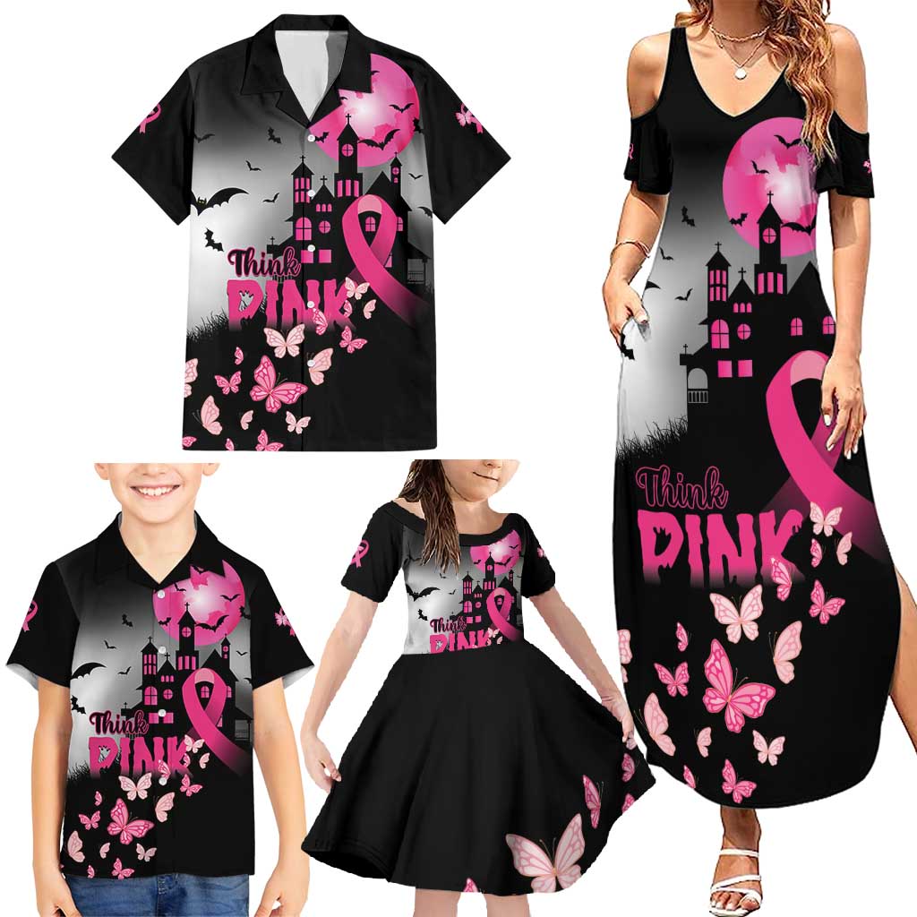 Personalized At Halloween We Think Pink Family Matching Summer Maxi Dress and Hawaiian Shirt Pink Ribbon Butterflies - Wonder Print Shop