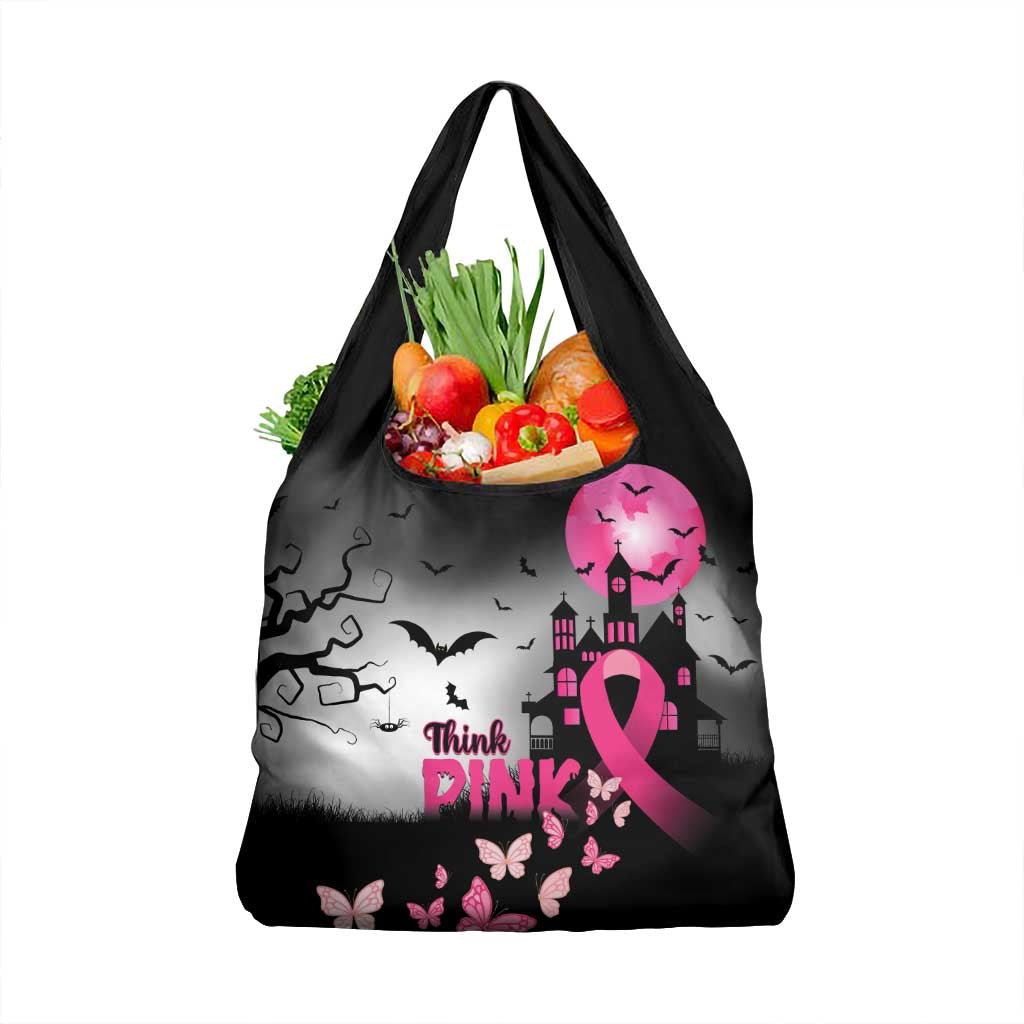 At Halloween We Think Pink Grocery Bag Pink Ribbon Butterflies