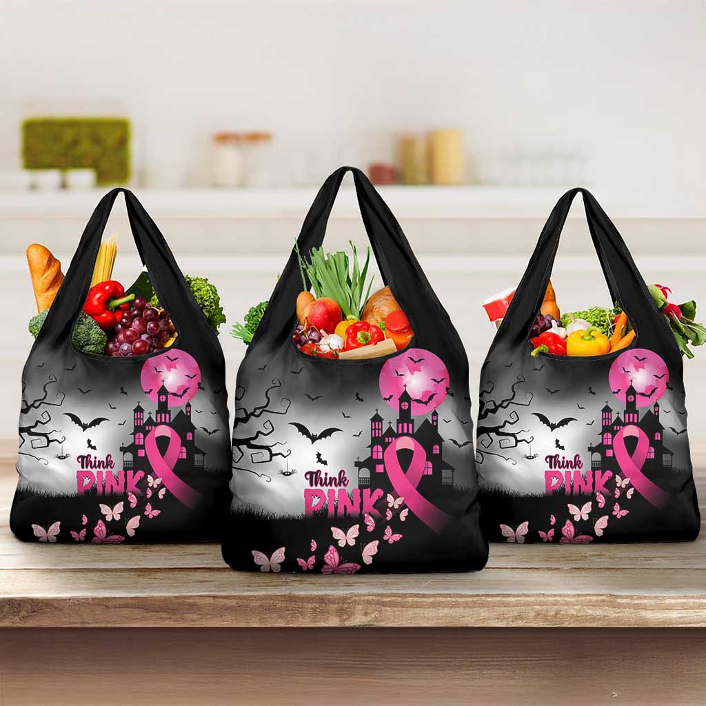 At Halloween We Think Pink Grocery Bag Pink Ribbon Butterflies