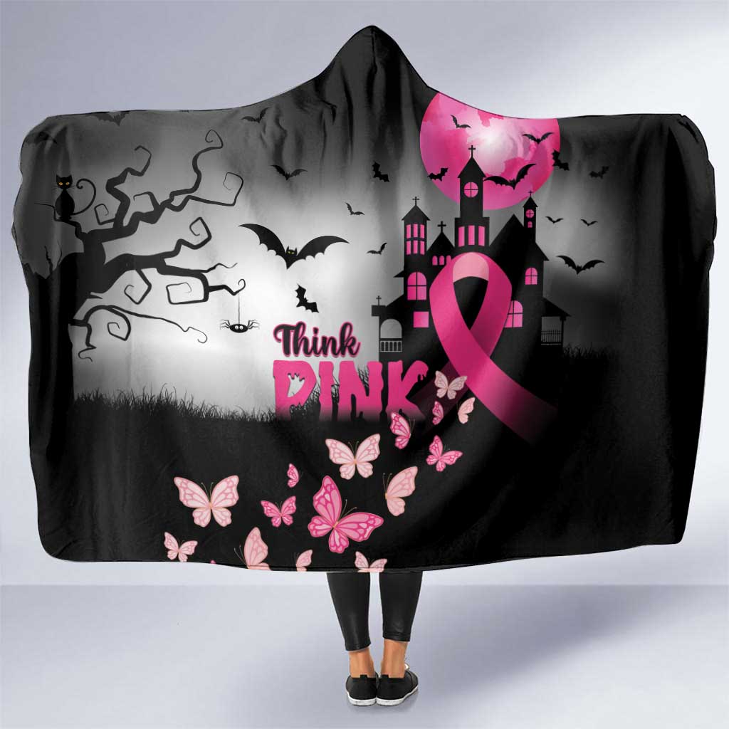 At Halloween We Think Pink Hooded Blanket Pink Ribbon Butterflies