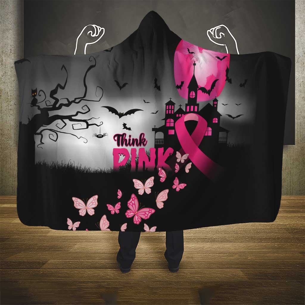 At Halloween We Think Pink Hooded Blanket Pink Ribbon Butterflies