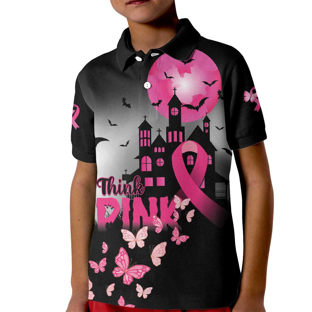 Personalized At Halloween We Think Pink Kid Polo Shirt Pink Ribbon Butterflies - Wonder Print Shop