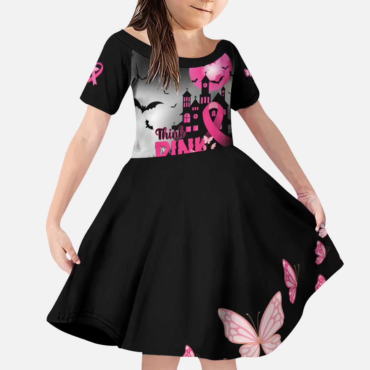 Personalized At Halloween We Think Pink Kid Short Sleeve Dress Pink Ribbon Butterflies - Wonder Print Shop
