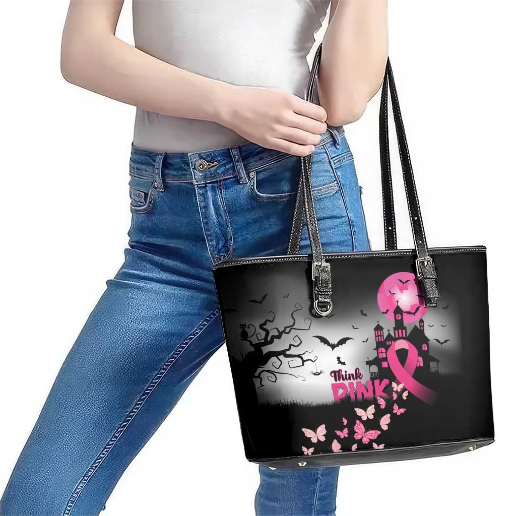 At Halloween We Think Pink Leather Tote Bag Pink Ribbon Butterflies - Wonder Print Shop