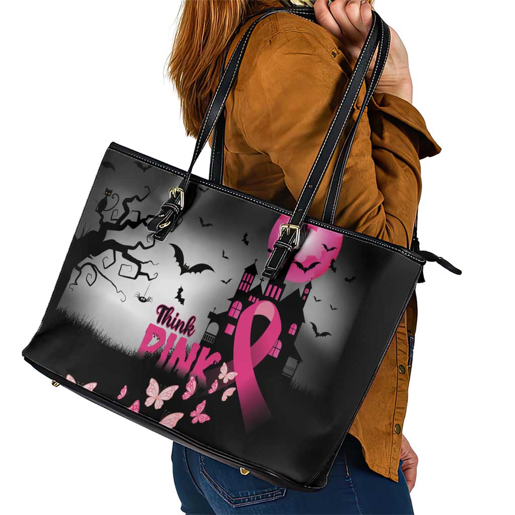 At Halloween We Think Pink Leather Tote Bag Pink Ribbon Butterflies - Wonder Print Shop