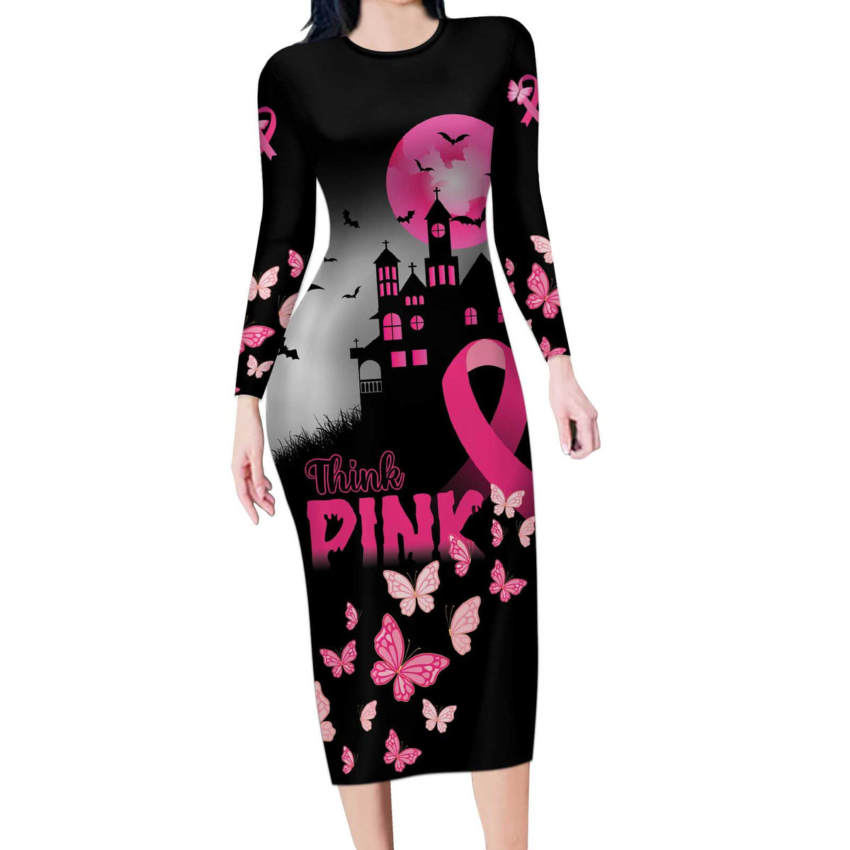 Personalized At Halloween We Think Pink Long Sleeve Bodycon Dress Pink Ribbon Butterflies - Wonder Print Shop