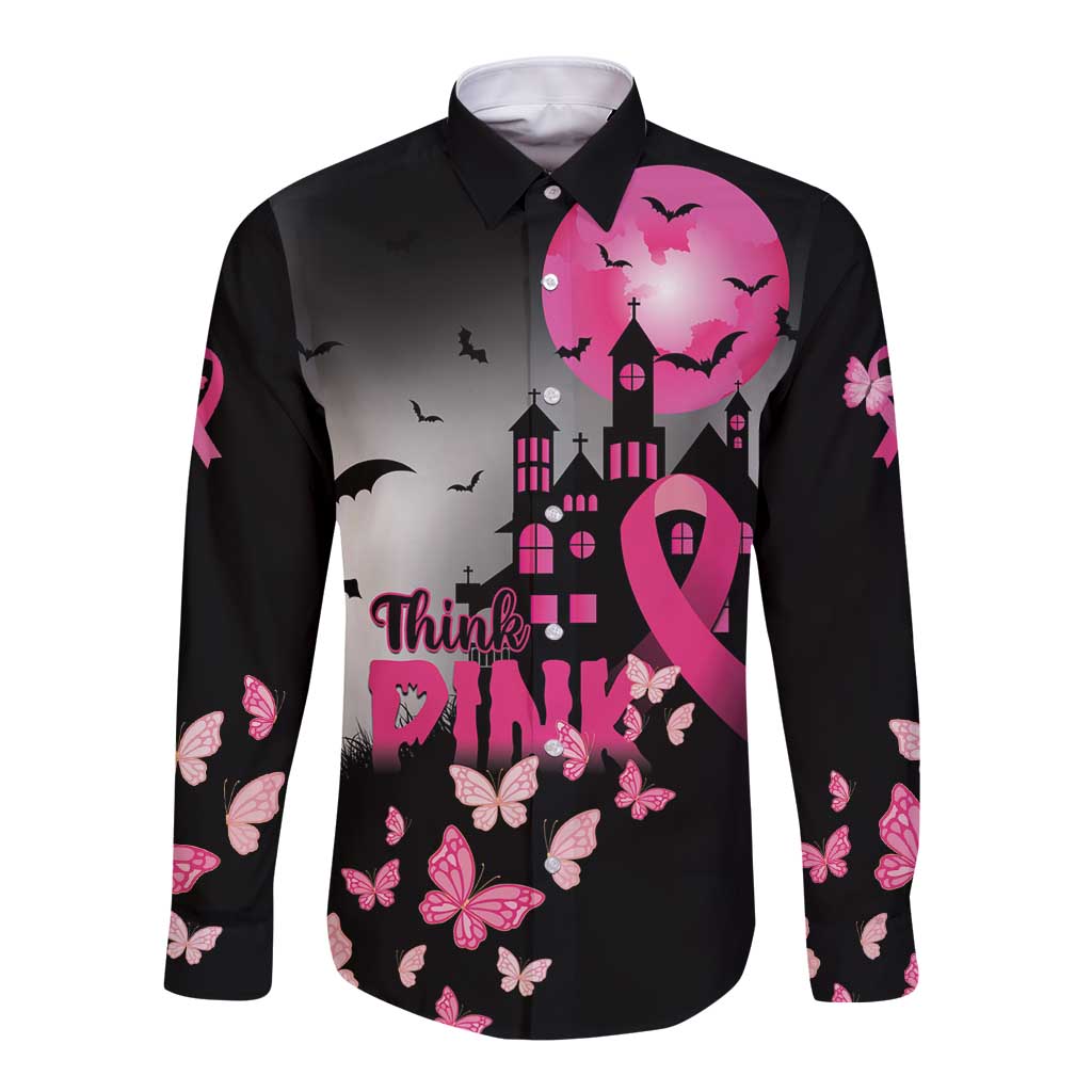 Personalized At Halloween We Think Pink Long Sleeve Button Shirt Pink Ribbon Butterflies - Wonder Print Shop