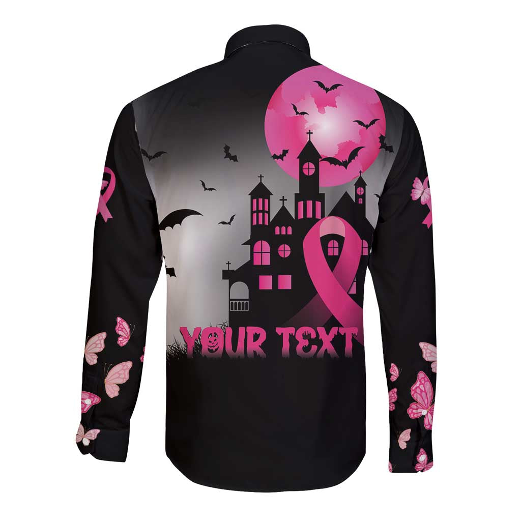 Personalized At Halloween We Think Pink Long Sleeve Button Shirt Pink Ribbon Butterflies - Wonder Print Shop