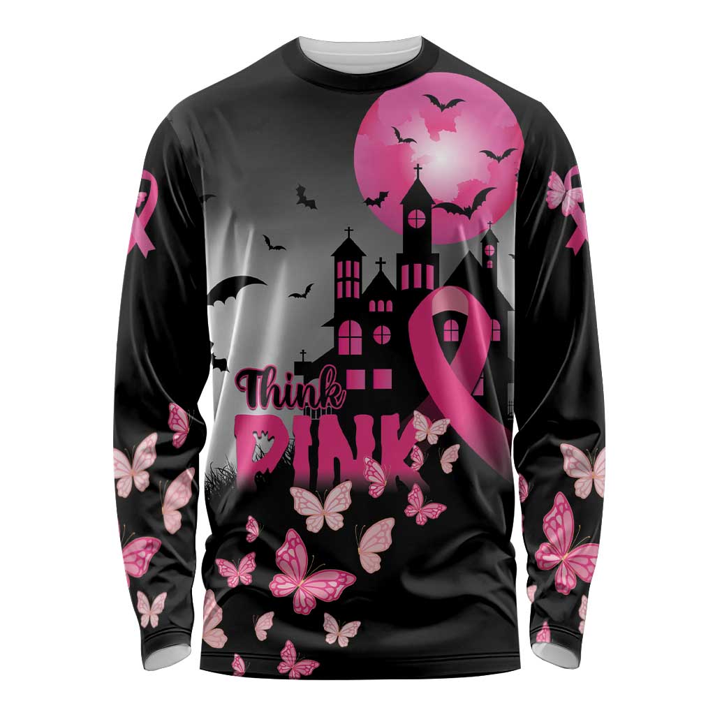 Personalized At Halloween We Think Pink Long Sleeve Shirt Pink Ribbon Butterflies - Wonder Print Shop