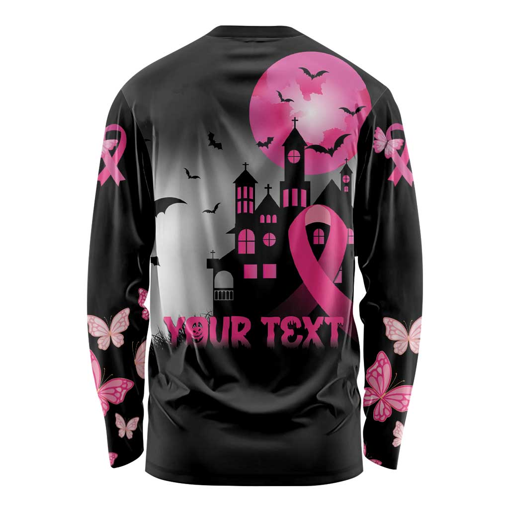Personalized At Halloween We Think Pink Long Sleeve Shirt Pink Ribbon Butterflies - Wonder Print Shop